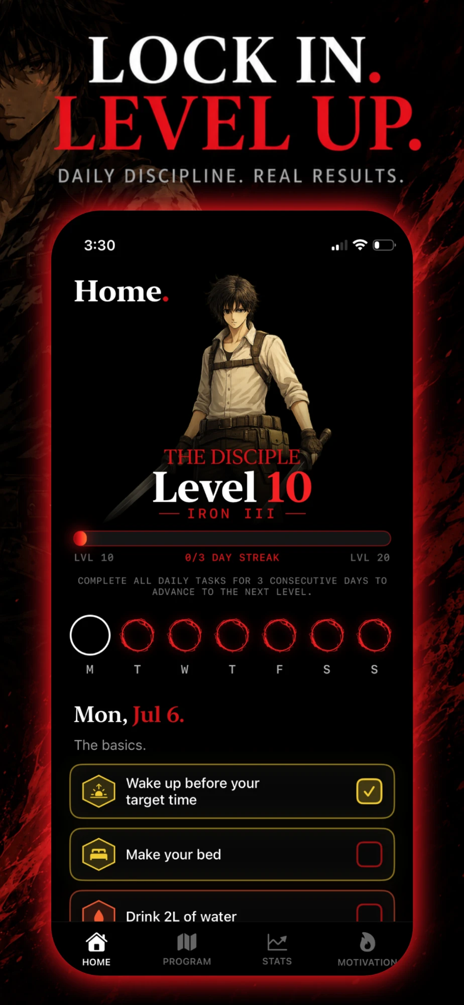 Kage home screen showing The Disciple at Level 10, a 3-day streak tracker and today's tasks