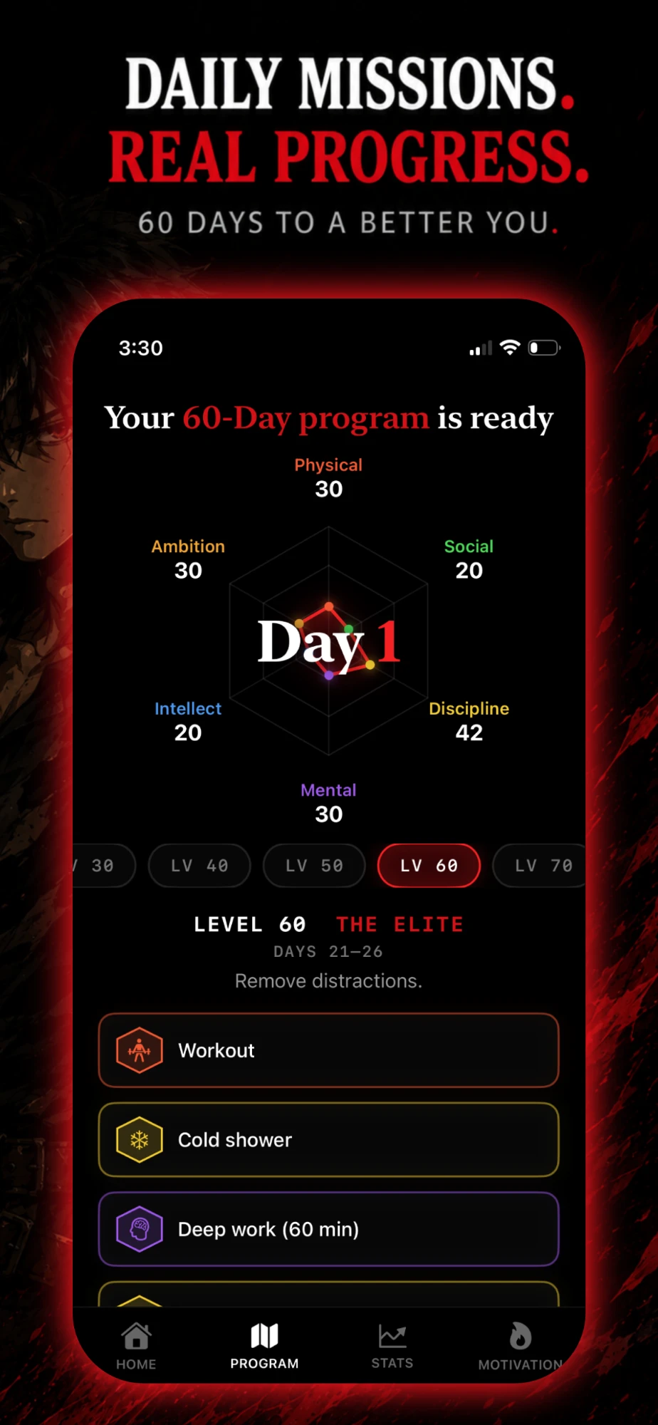 Kage program screen: Your 60-Day program is ready, with stat radar and Level 60 tasks